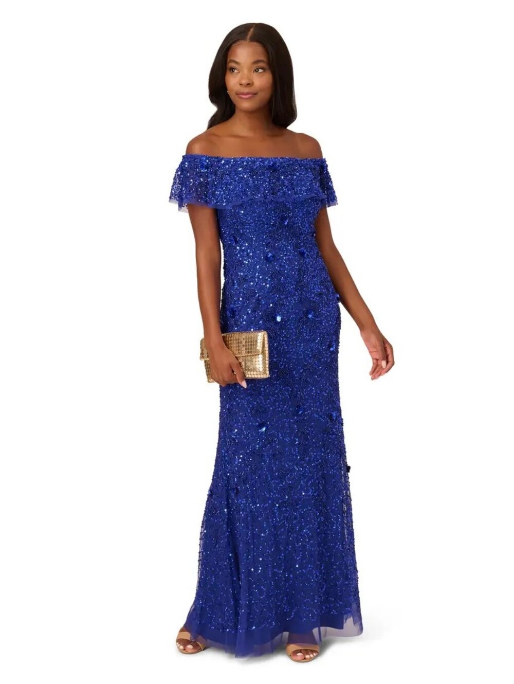 Adrianna Papell Off-Shoulder Beaded Evening Gown in Royal Blue - Picture 2 of 7